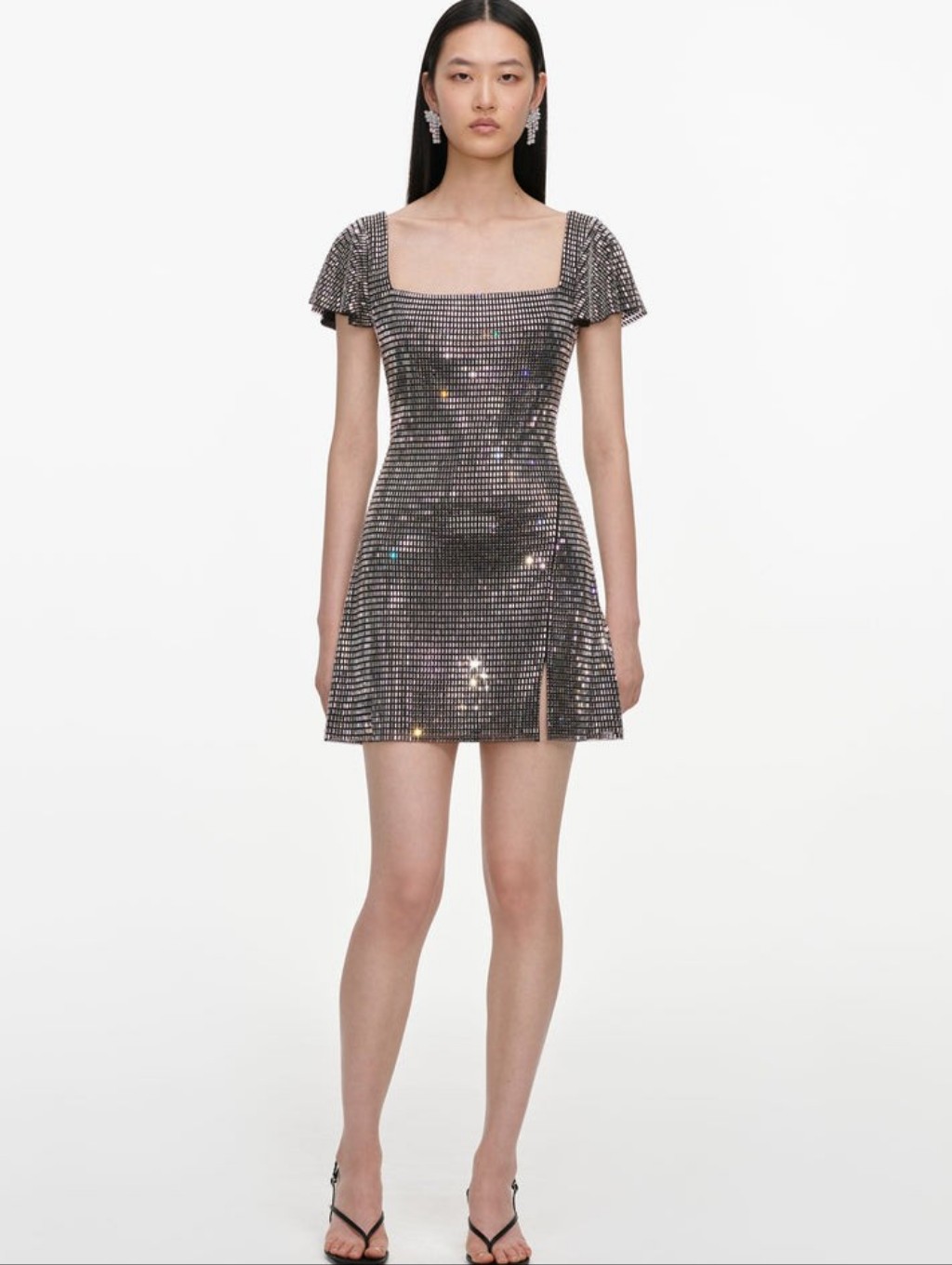 Self Portrait Grey Rhinestone Mesh Mini Dress